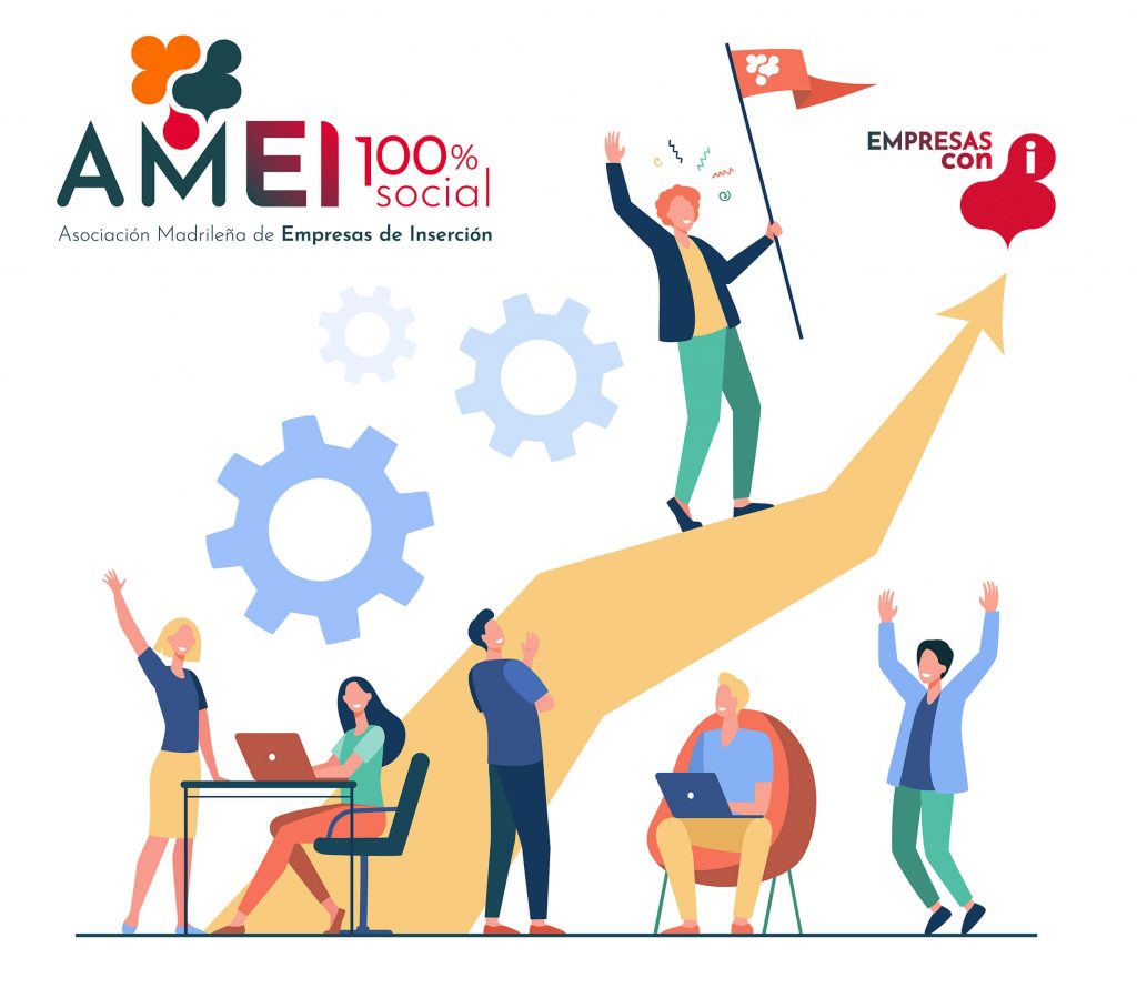 dibujos AMEI y emprendedores en empresas de inserción celebrando el éxito de la economía social