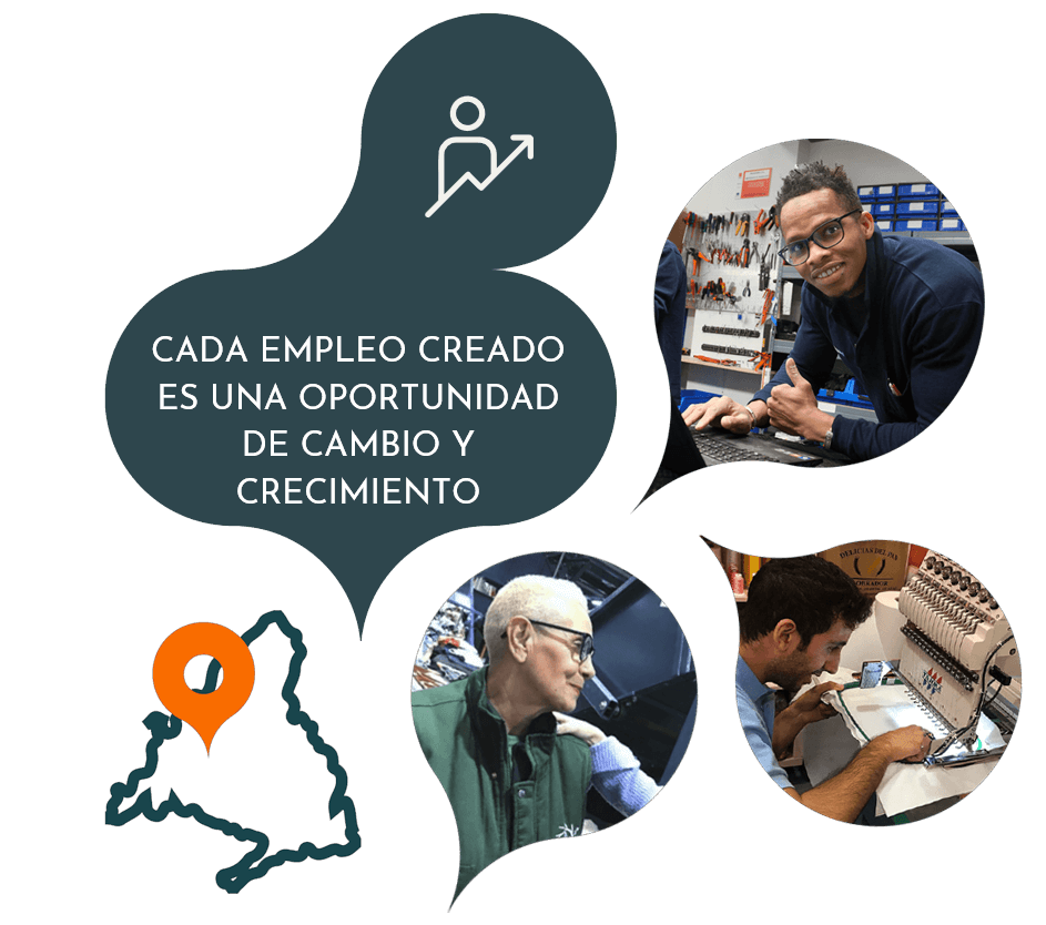 caras sonrientes de empleados en procesos de inserción en diferentes puestos junto a silueta de mapa de Madrid